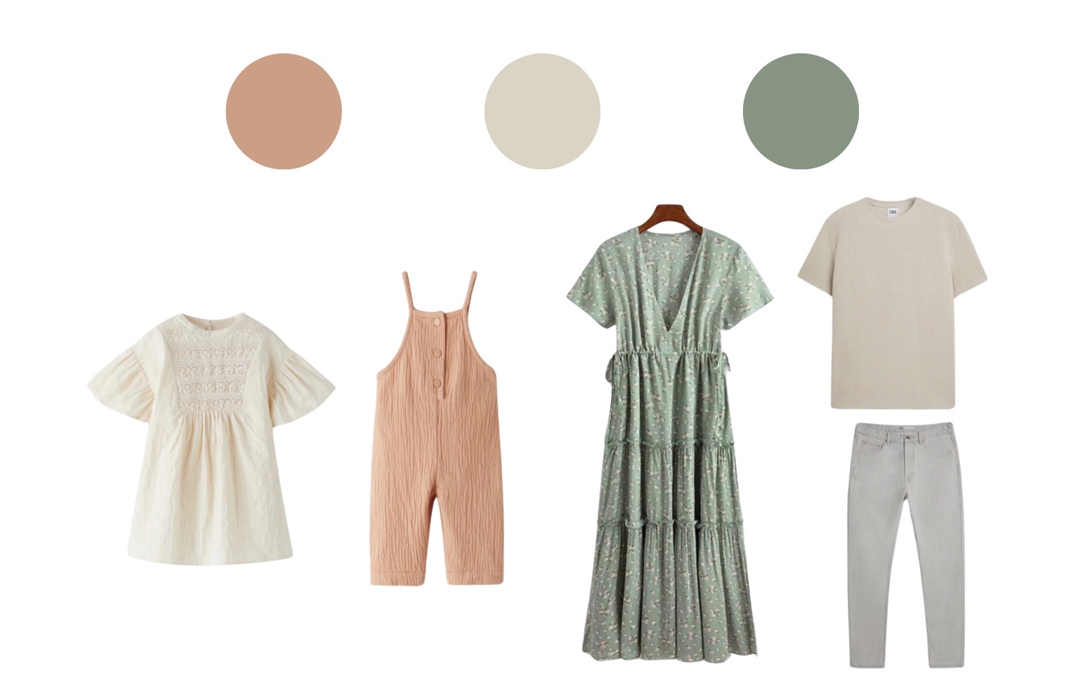 Family outfit idea with a color palette of sage green, beige, and muted salmon color