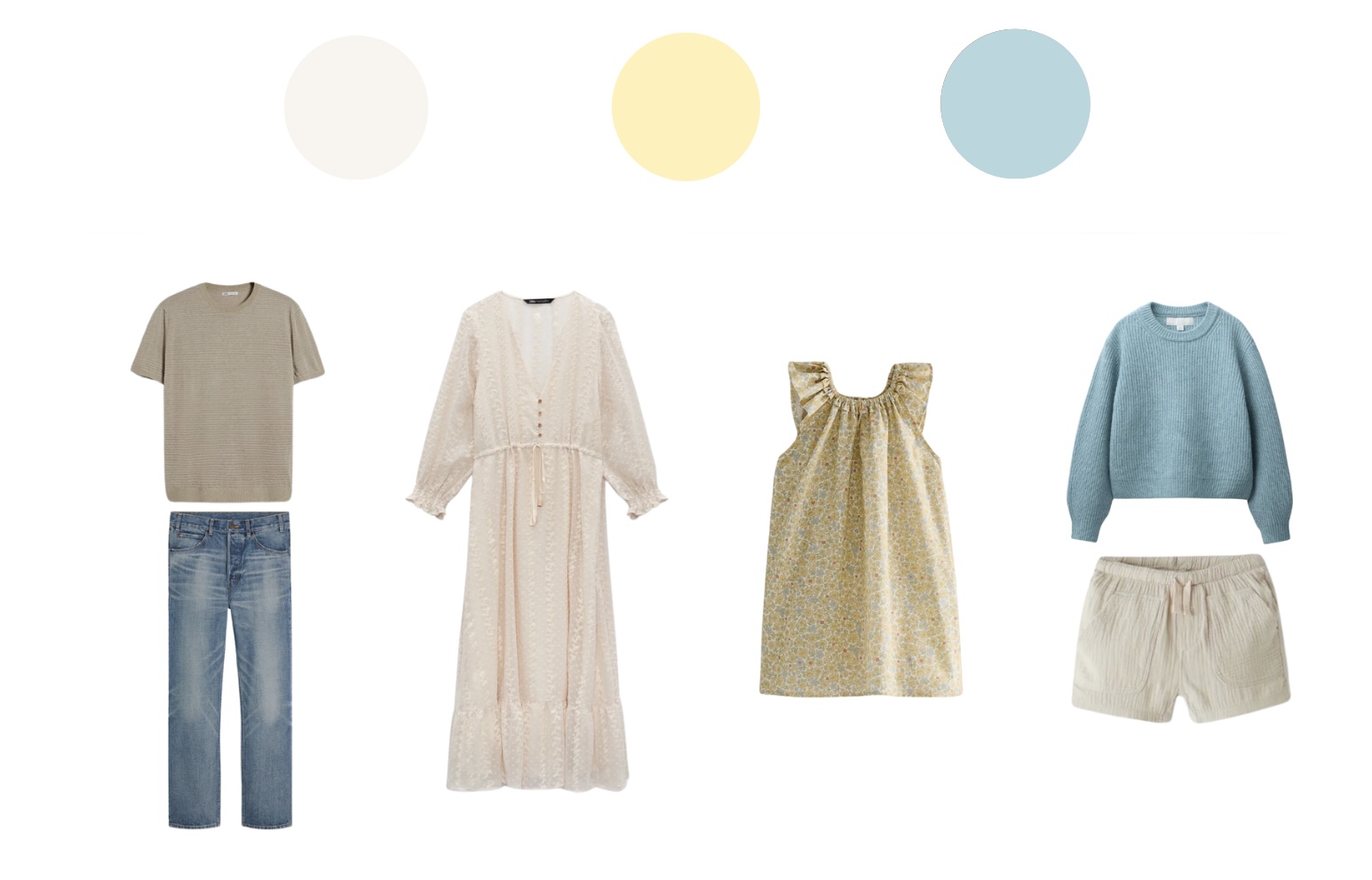 Family outfit idea with a color palette of lemon yellow, beige, and muted blue