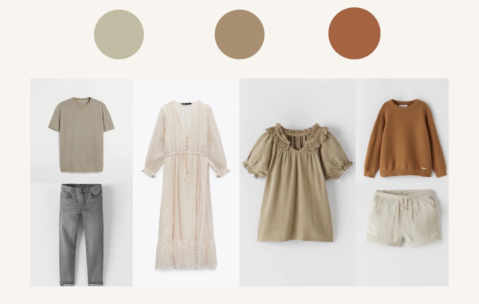 Family outfit idea with a color palette of orange, beige, and white