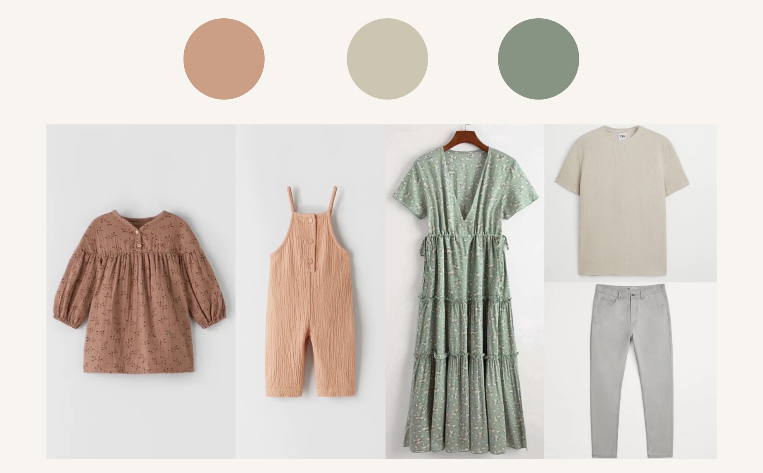 Family outfit idea with a color palette of coral, green and beige