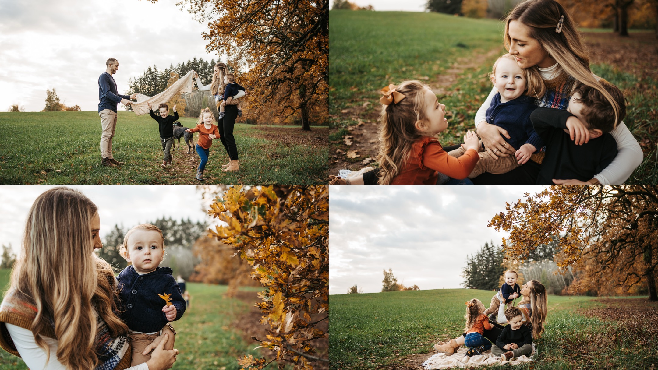 November fall family photo session in a field in Portland, OR