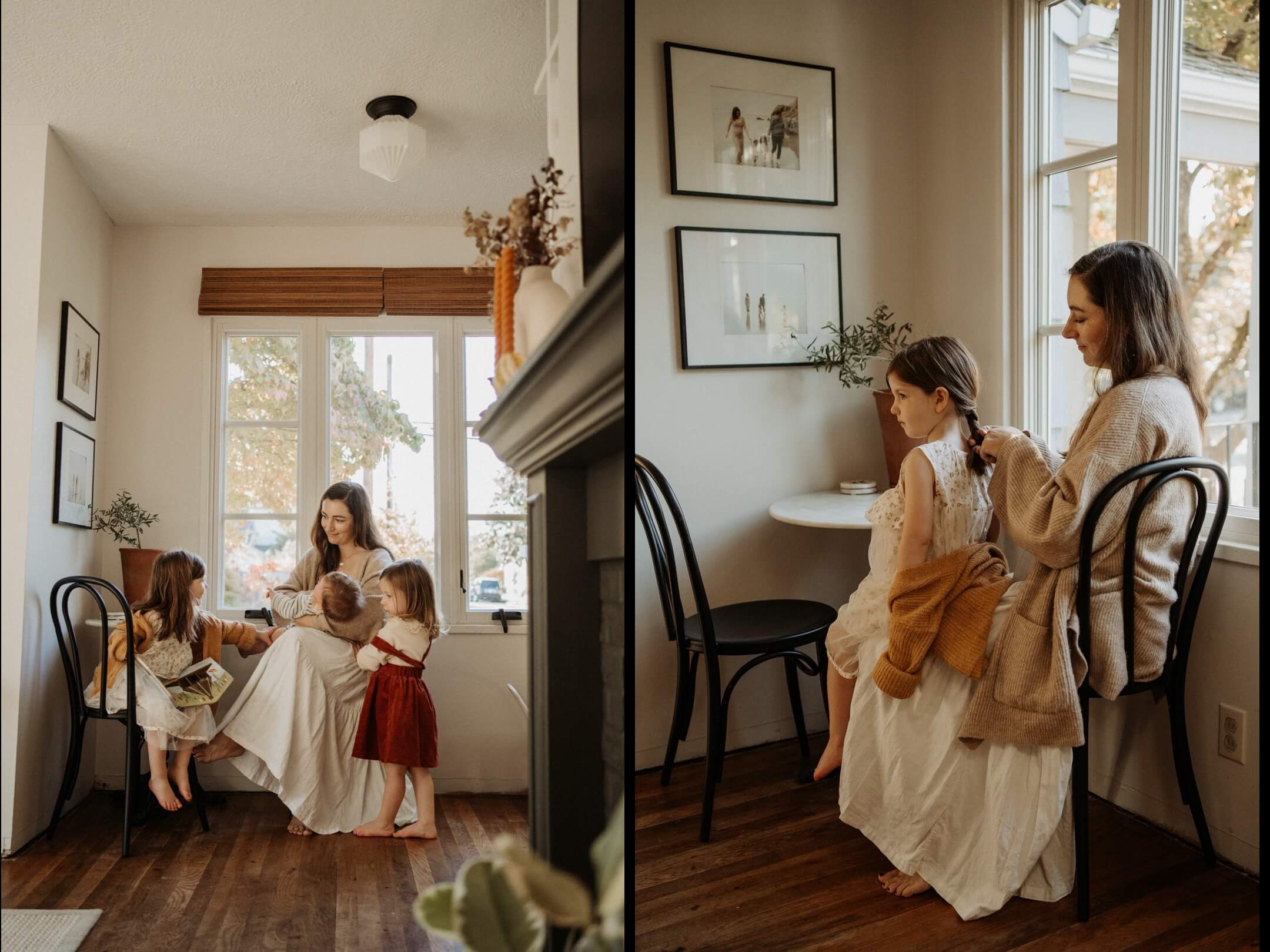 A mom and her 3 daughters sitting at the table by their small table at their house in Portland, OR 