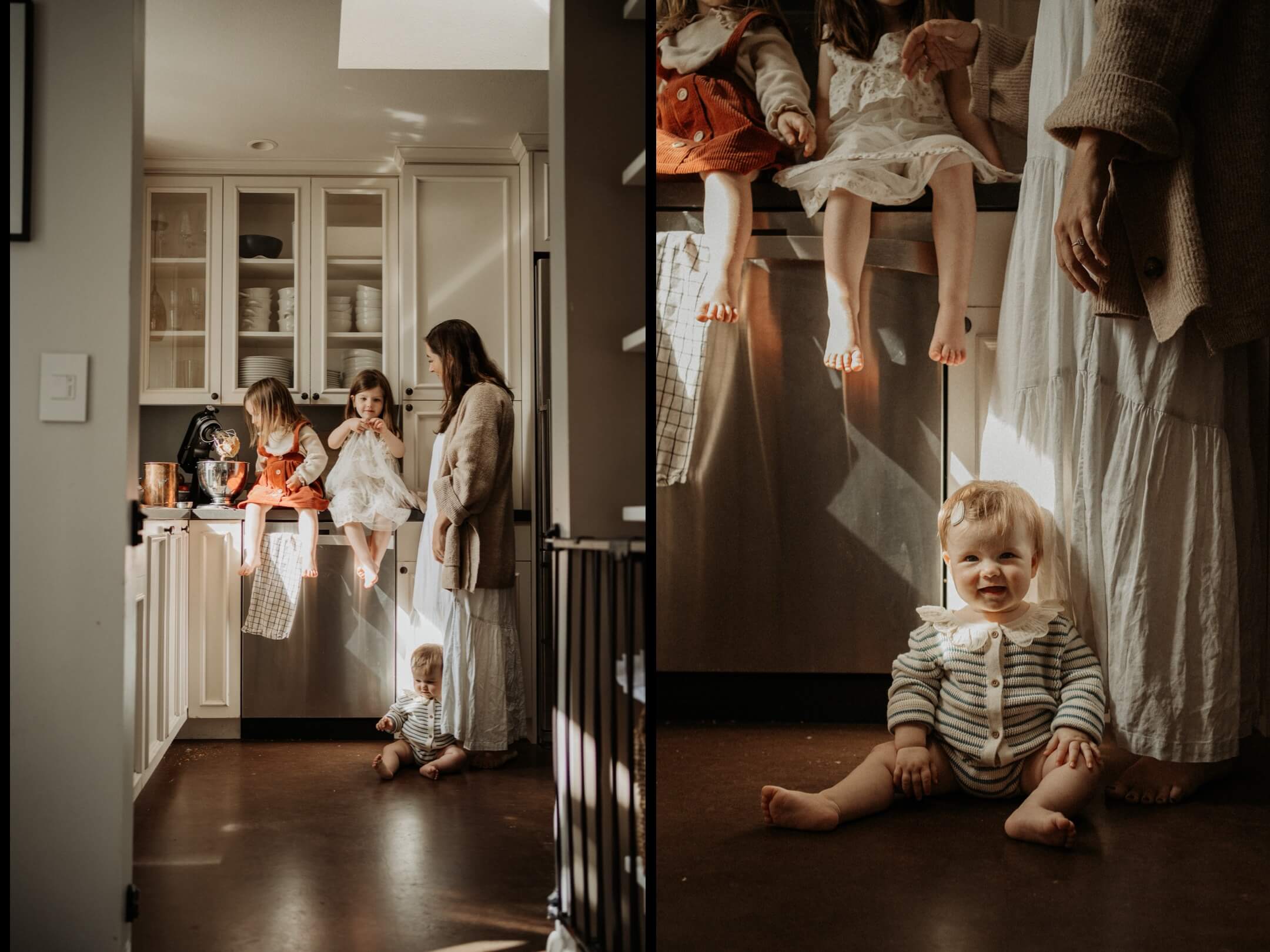 3 toddler girls and their mom baking cookies in the kitchen