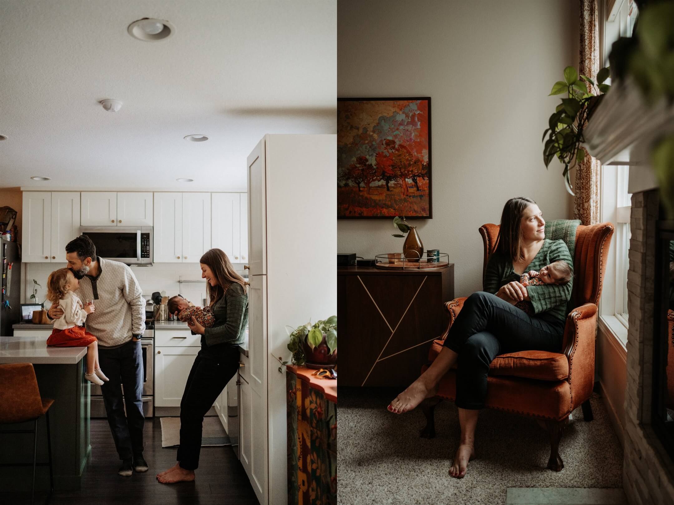Family of 4 hanging out in the kitchen with newborn baby