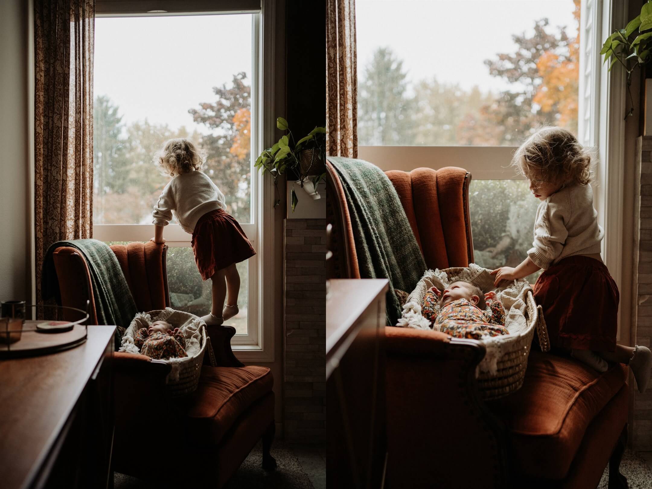 A toddler girl standing right next to bassinet and looking at a newborn sister in it